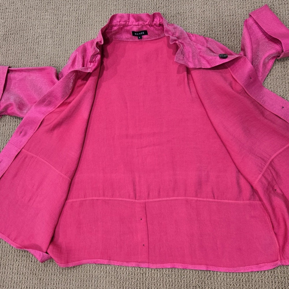 Damee Womens Size L Jacket Hot Pink Shimmer Artsy Button Up wired Collar Swing - Picture 10 of 12